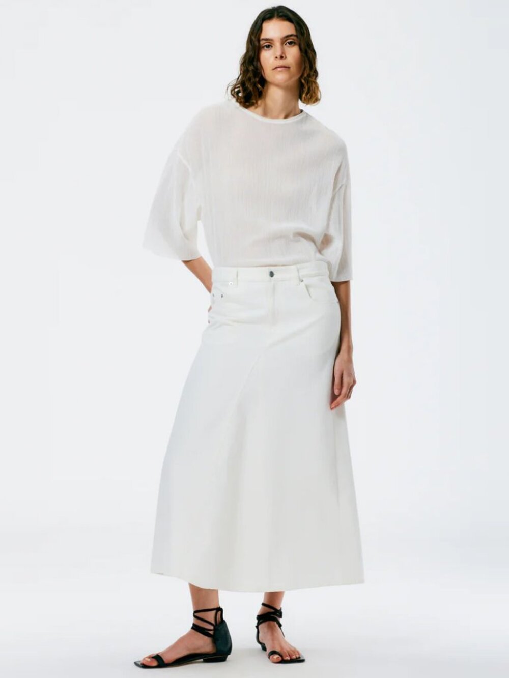 Tibi White Denim Godet Midi Skirt Size 26